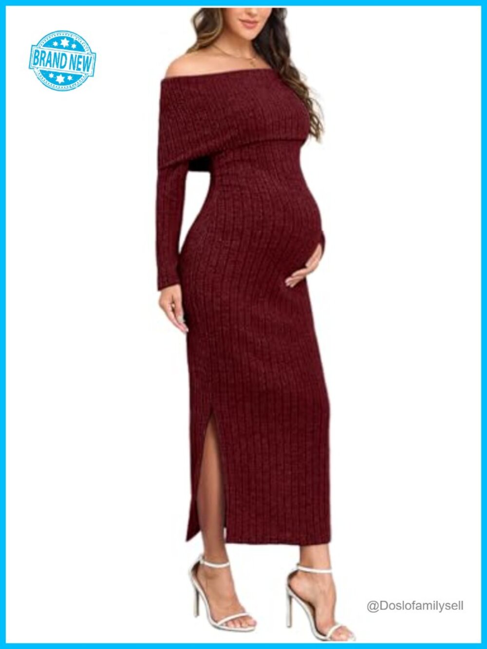 Off-Shoulder Maternity Sweater Dress Rib Knit Long Sleeve Side Slit Midi